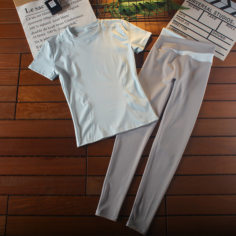 运动短袖套装女速干紧身瑜伽高腰长裤训练显瘦圆领T恤健身房跑步