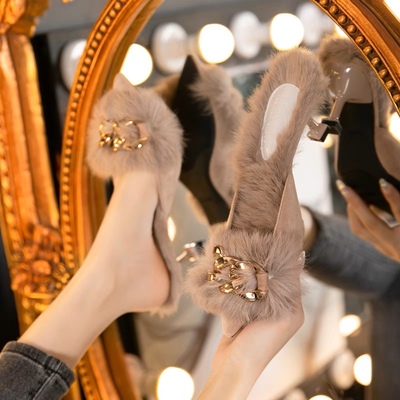 设计感小众外穿毛毛拖鞋2022年秋冬新款细跟冬天拖鞋法式高跟半拖