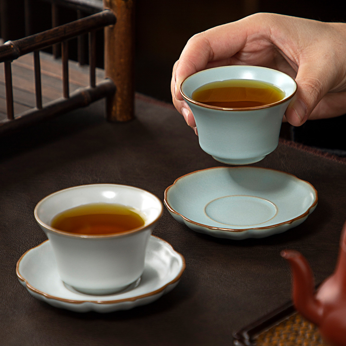 汝窑茶杯喇叭口陶瓷功夫茶杯