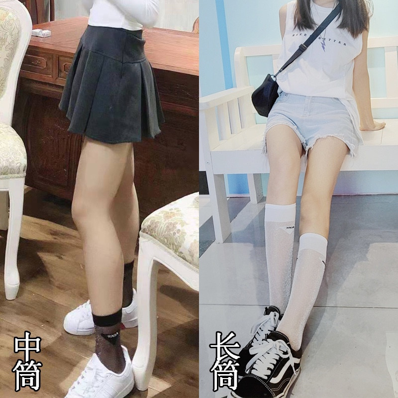 袜子女薄款欧洲站潮牌p家透明小腿袜金银亮丝ins潮走秀时尚款女袜