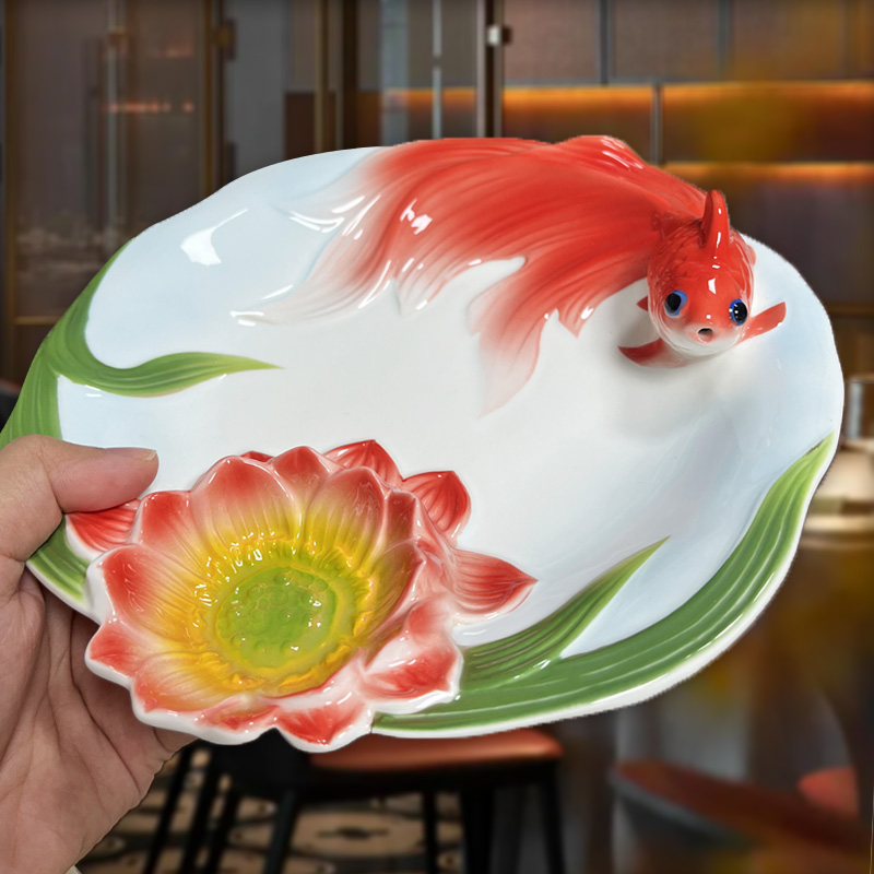 饺子盘陶瓷家用金鱼水饺盘带醋碟