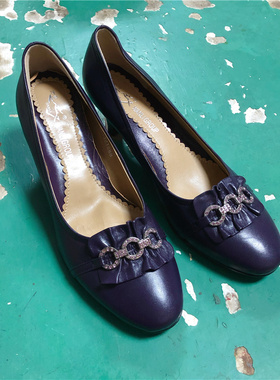 vintage优雅复古古着单鞋紫色圆头低跟舒适怀旧妈妈年代款WL