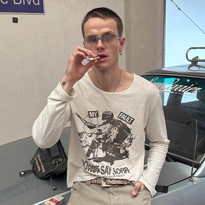 DTHEREAL 25FW 复古做旧骷髅印花vintage质感汉麻棉舒适长袖T恤