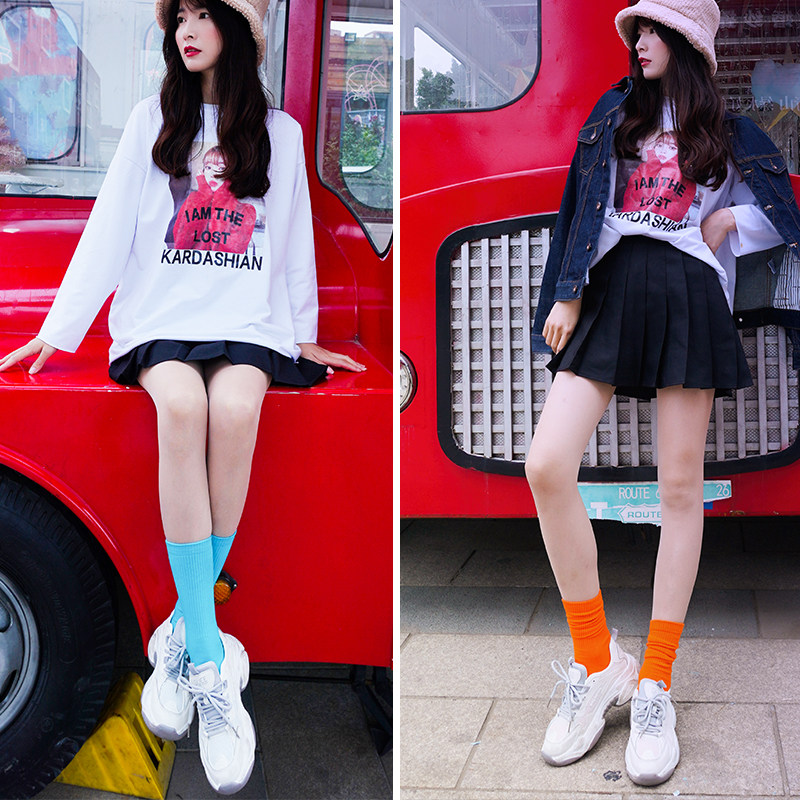 jk堆堆袜女湖蓝中筒可爱潮袜红黑运动天蓝袜子糖果袜子彩虹色薄款