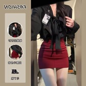 秋冬纯欲御姐风穿搭套装 包臀裙一整套 女轻熟气质蝴蝶结长袖 衬衫