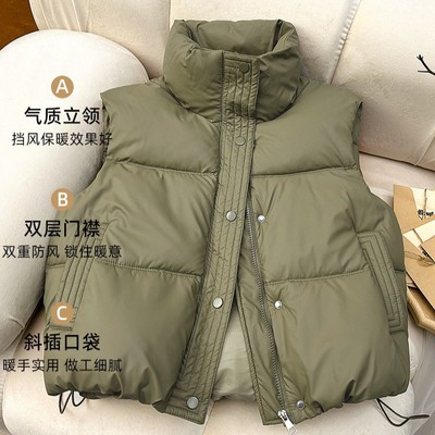 批发小个子女生棉服马甲春秋简约宽松洋气外套加厚纯色无袖坎肩女