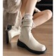 法式 厚底粗跟骑士靴圆头中筒瘦瘦靴 白色短靴女2025年新款