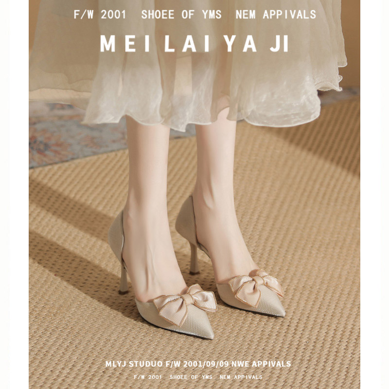 蝴蝶结浅色高跟鞋女2024新款夏季法式尖头细跟中空单鞋裸色