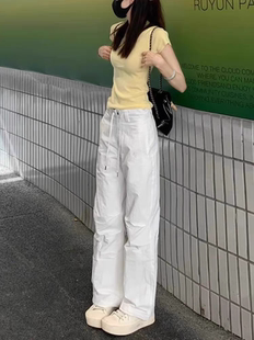 美式 女春夏薄款 白色直筒工裝 2025新款 休閑褲 褲 抽繩設計小個子窄版