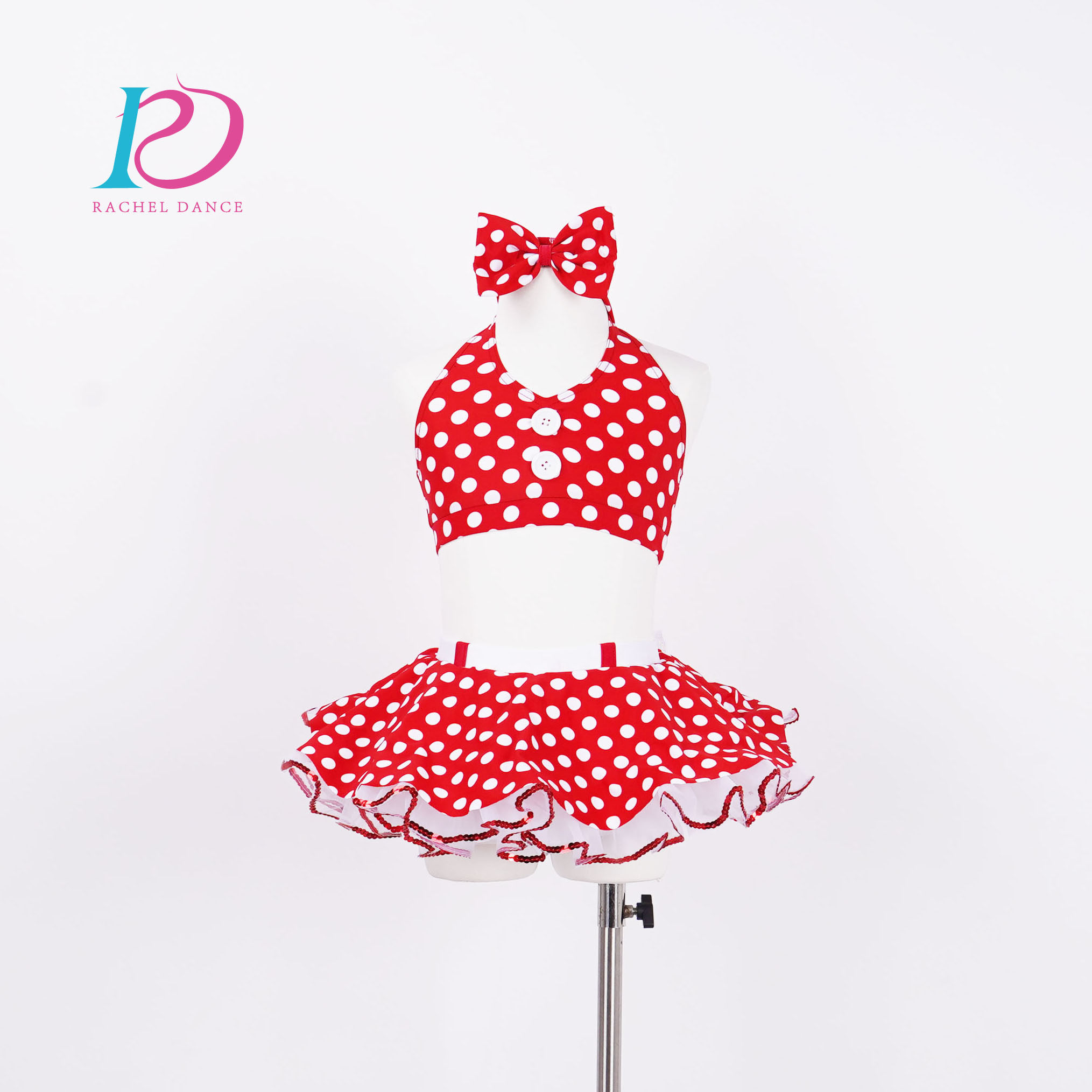 芮其儿新款舞蹈裙儿童分体红色波点蓬蓬纱裙女童芭蕾舞比赛表演服