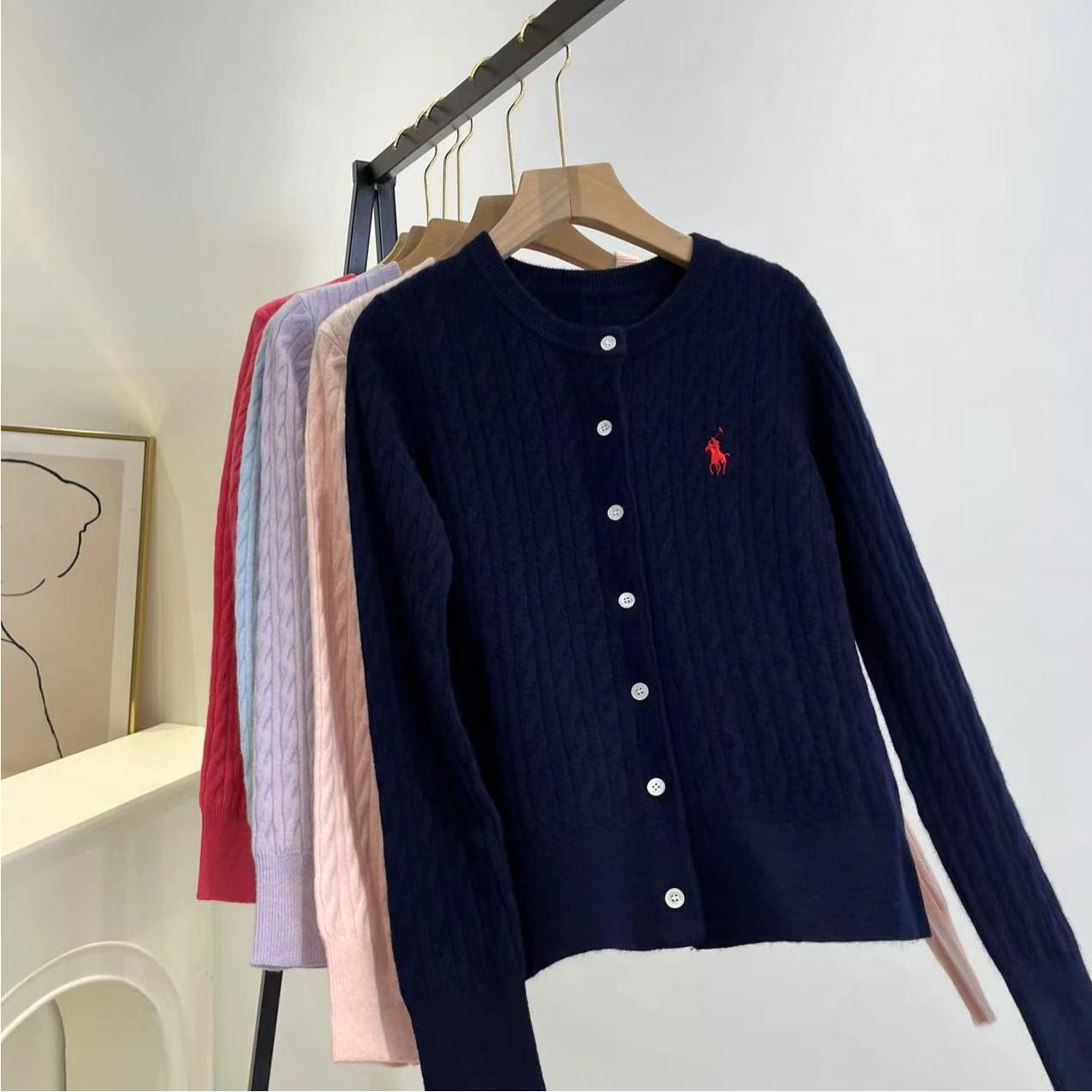 全羊毛极简细绞花针织开衫16针小马拉夫刺绣圆领纯色外套上衣