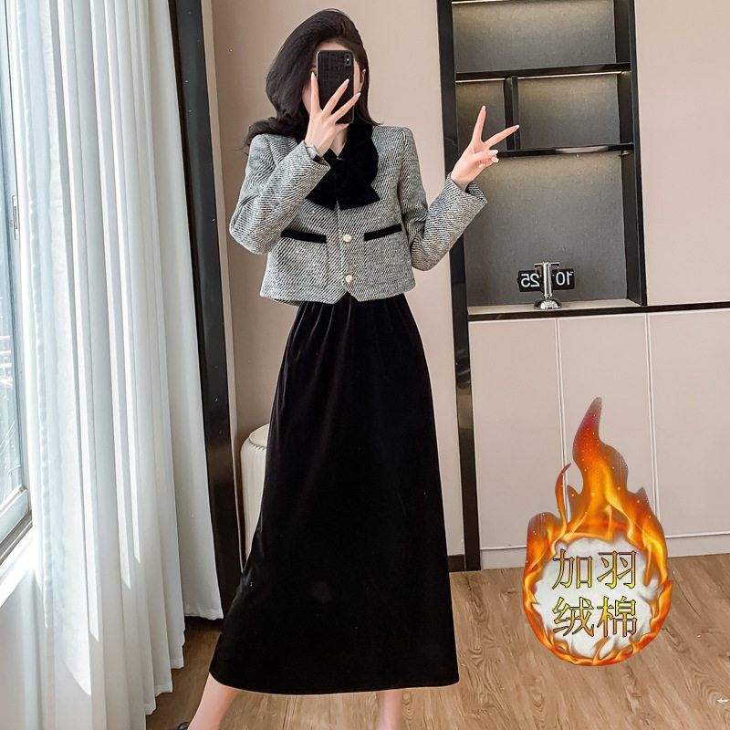 名媛高端修身长裙小香风套装女秋毛呢外套