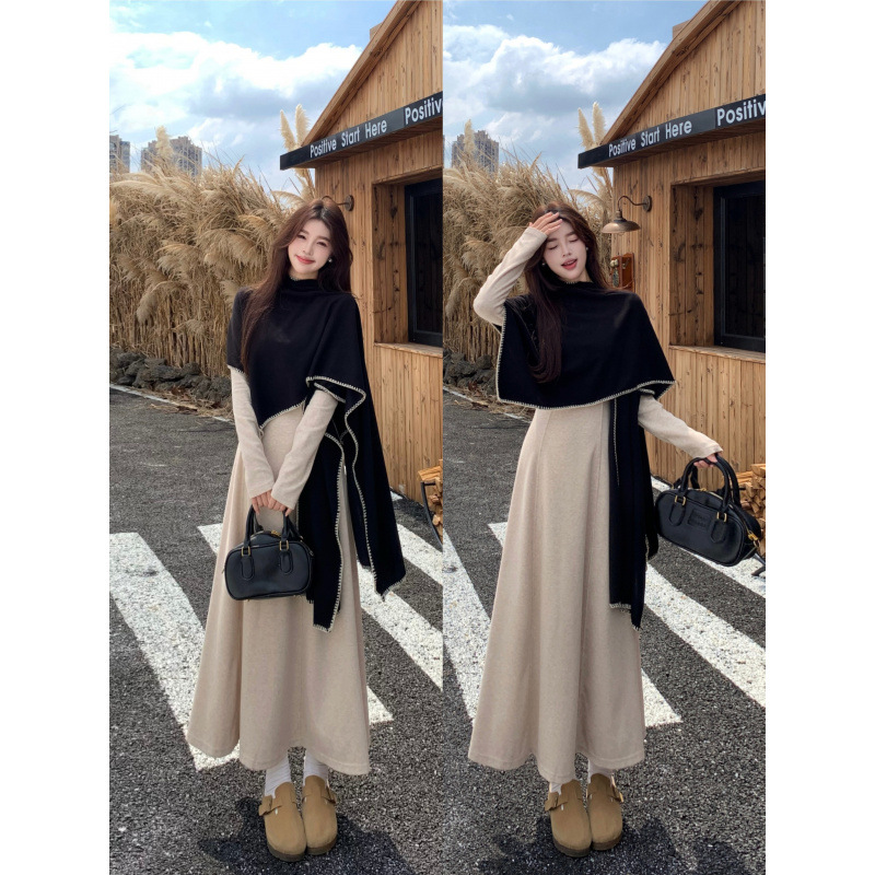 实拍~ 法式感长袖连衣裙女秋冬新款收腰巨好看气质两件套