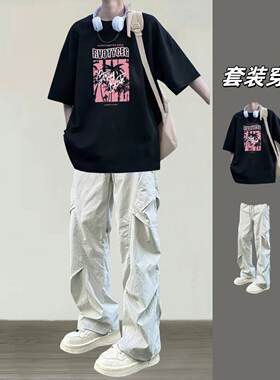美式纯棉短袖t恤男装夏季新款潮流宽松学生上衣搭配工装裤一整套