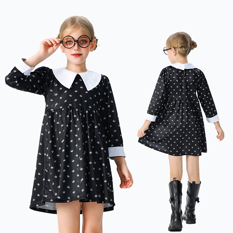万圣节儿童服装亚当斯一家cos服装星期三黑色长袖连衣裙女童派对
