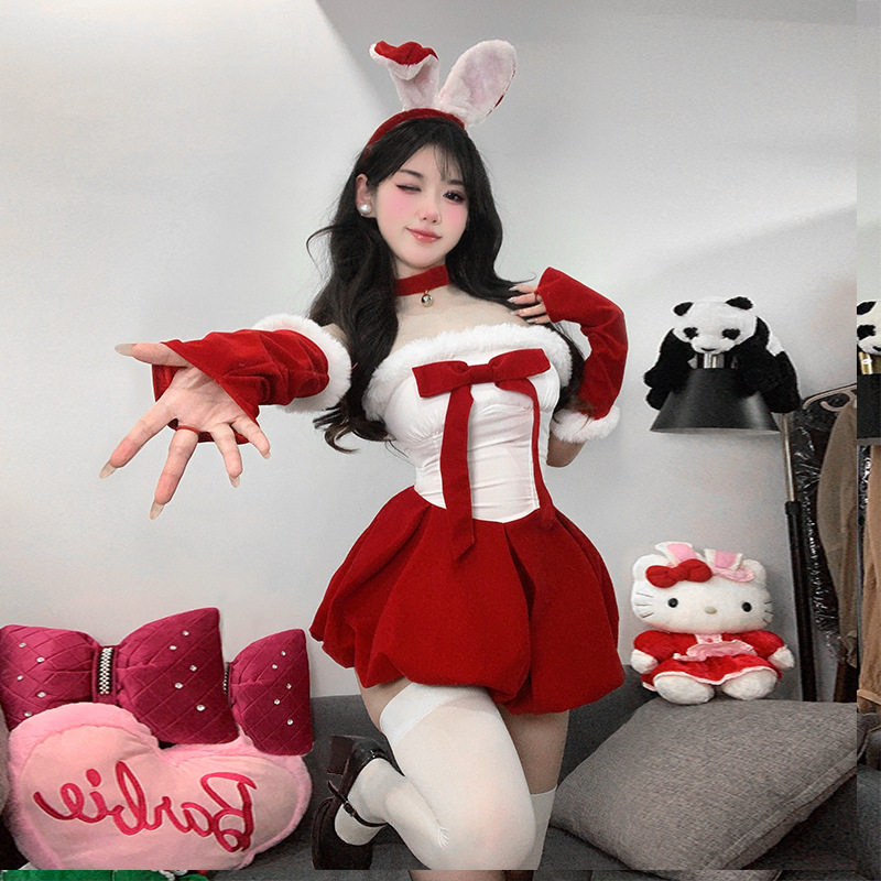 圣诞节衣服丝绒抹胸礼服裙子兔女郎演出服圣诞装派对服装战袍