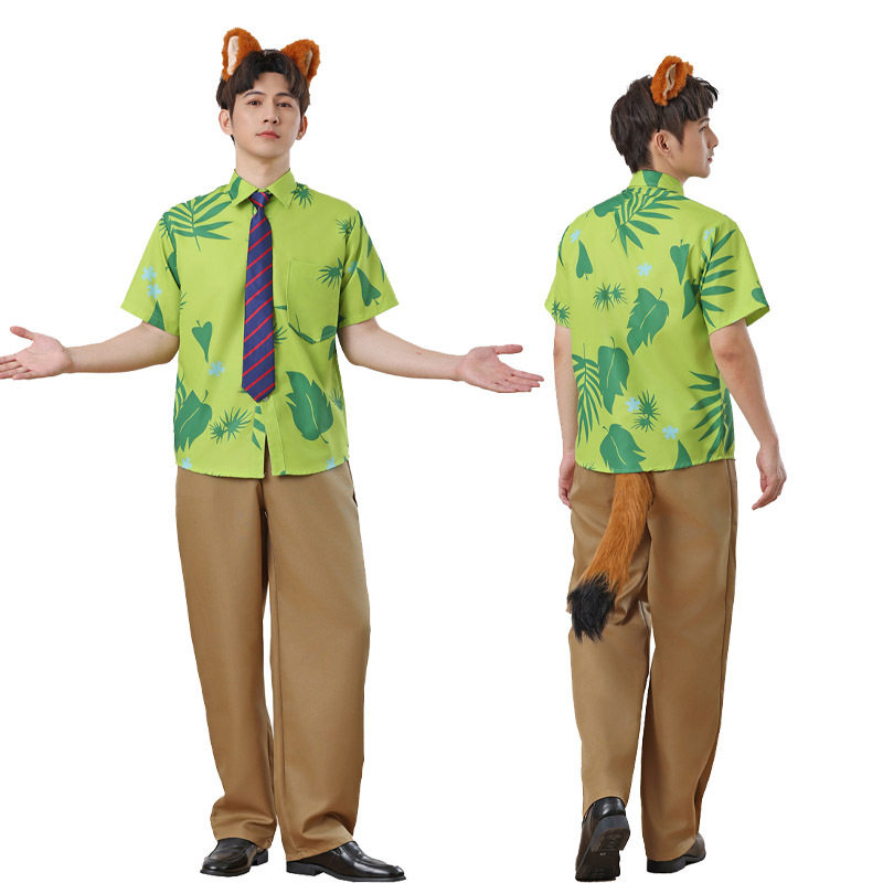 万圣节疯狂动物城狐狸尼克COS套装角色扮演服绿色短袖印花衬衫