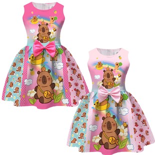 新款女童连衣裙卡皮巴拉-capybara粉色数码印花女童蝴蝶结公主裙