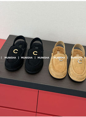 MUNISHA 正确配顶版！ 小香风鹿皮真皮 穆勒鞋 半拖毛毛乐福鞋女