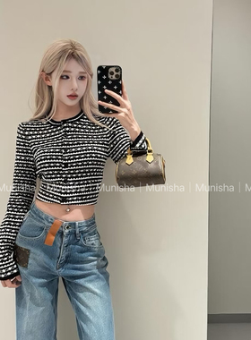 Munisha  顶配版！富家千金黑白条纹短袖针织上衣/开衫2025秋新款