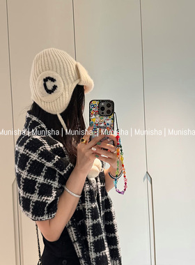 Munisha 顶配版！秋季新款小香风字母刺绣护耳羊毛御寒针织帽