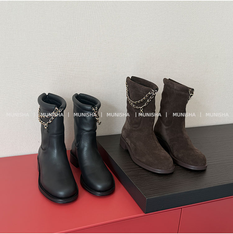 小香风链条绝美鹿皮绒堆堆靴女