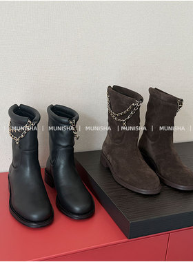 MUNISHA 顶配版！ 小香风链条 绝美 真皮短靴 鹿皮绒绝美堆堆靴女
