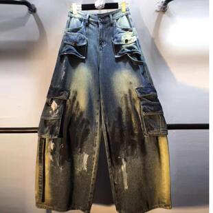 巨好看！秋冬美式显瘦彩绘喷漆多口袋阔腿松紧直筒牛仔工装裤长裤