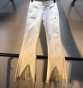 欧洲站2024春装新款重工流苏镶钻高腰修身显瘦弹力九分微喇牛仔裤