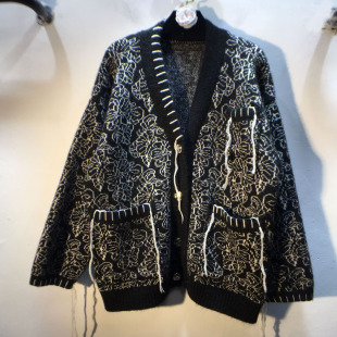 加厚款 双层提花复古花朵乱针修补流苏口袋宽松毛衣外套 秋冬新款