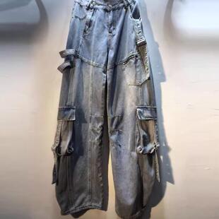 辣妹风！秋冬新款侧口袋拉链不规则腰阔腿宽松牛仔裤弯刀工装长裤