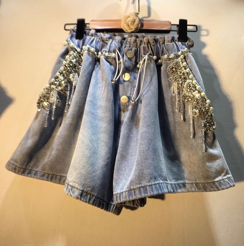 欧洲站2025夏装欧货新款重工流苏钉珠镶钻高腰显瘦牛仔阔腿短裤女,女装/女士精品,牛仔裤,淘宝优惠券,粉丝福利购,淘宝优惠卷