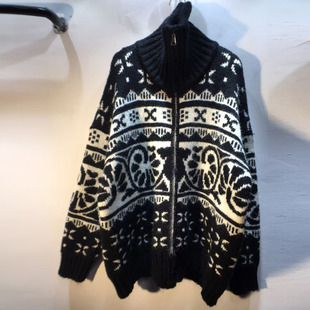 超厚实！秋冬新款加厚拉链高领显瘦宽松复古提花双层粗线毛衣外套