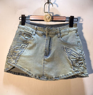 欧洲站2024夏装 刺绣蝴蝶高腰显瘦弹力辣妹牛仔半身裙超短裙子 新款