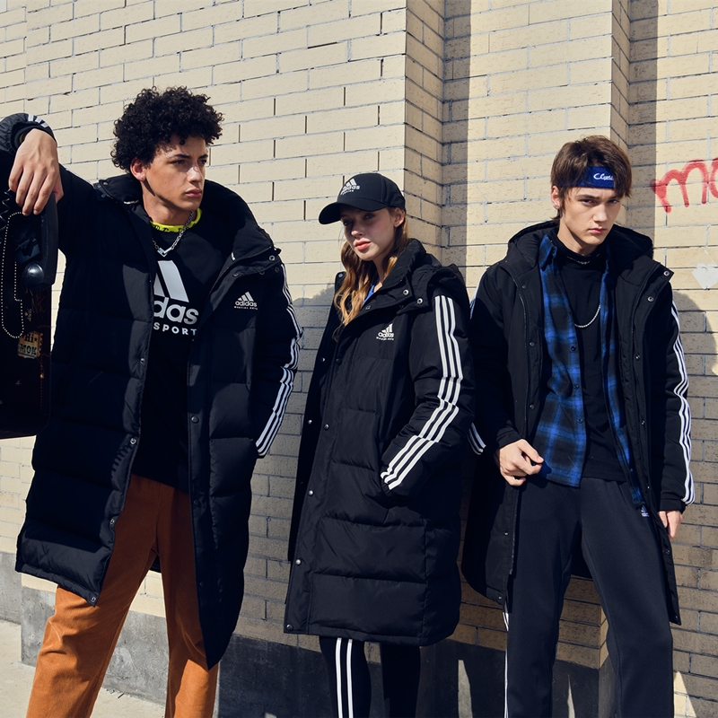 Adidas中长款连帽加厚情侣羽绒服