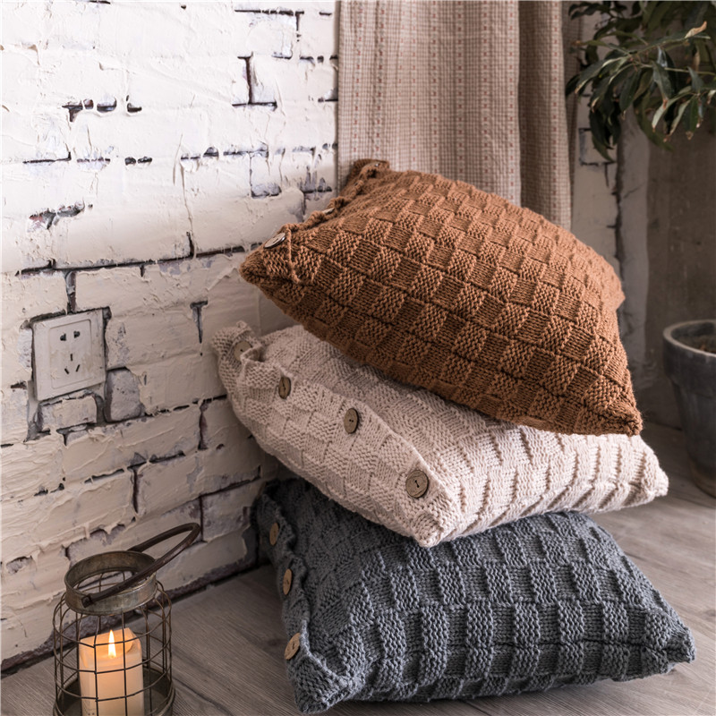 北欧ins风毛线针织沙发抱枕纽扣靠垫床头方形枕头抱枕套靠枕