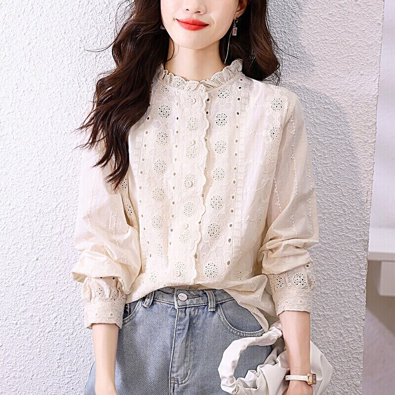 2026春女纯棉木耳边刺绣衬衫