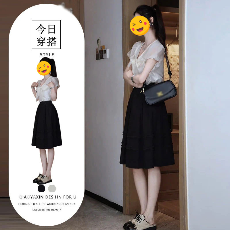 甜美蝴蝶结小飞袖v领衬衫气质百搭上衣高腰显瘦气质花边半身裙女