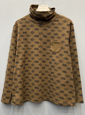 雪蓝衫棉麻高领长袖t恤女花案宽松大码柔软弹力打底衫上衣V275