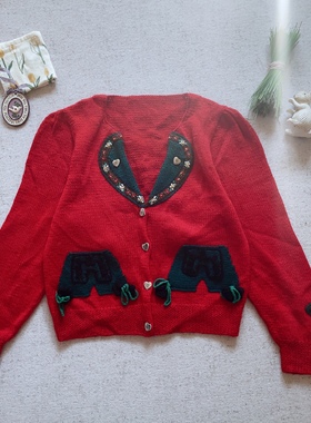 德国购回大红色可爱翻领背带裤vintage孤品奥地利毛衣