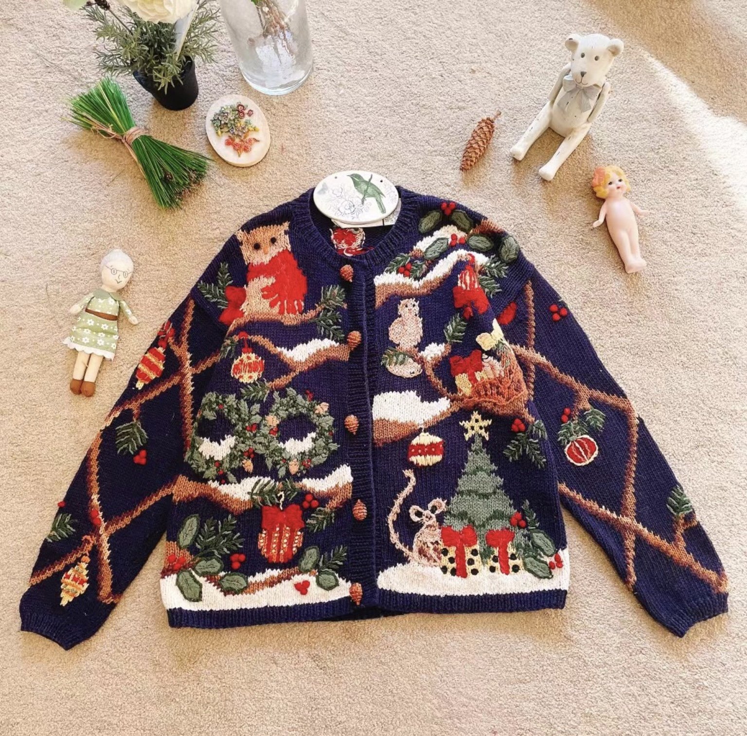 美国购回精品森林里的圣诞老人和小动物们vintage手工古着毛衣