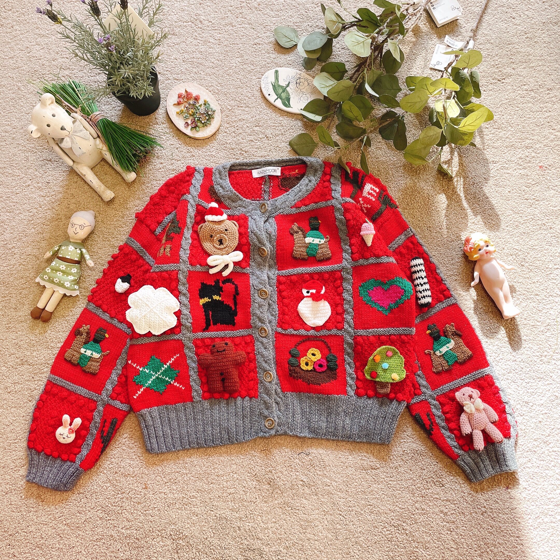 日本购回精品趣味重磅红色立体圣诞姜饼人小兔小熊纯手工孤品毛衣