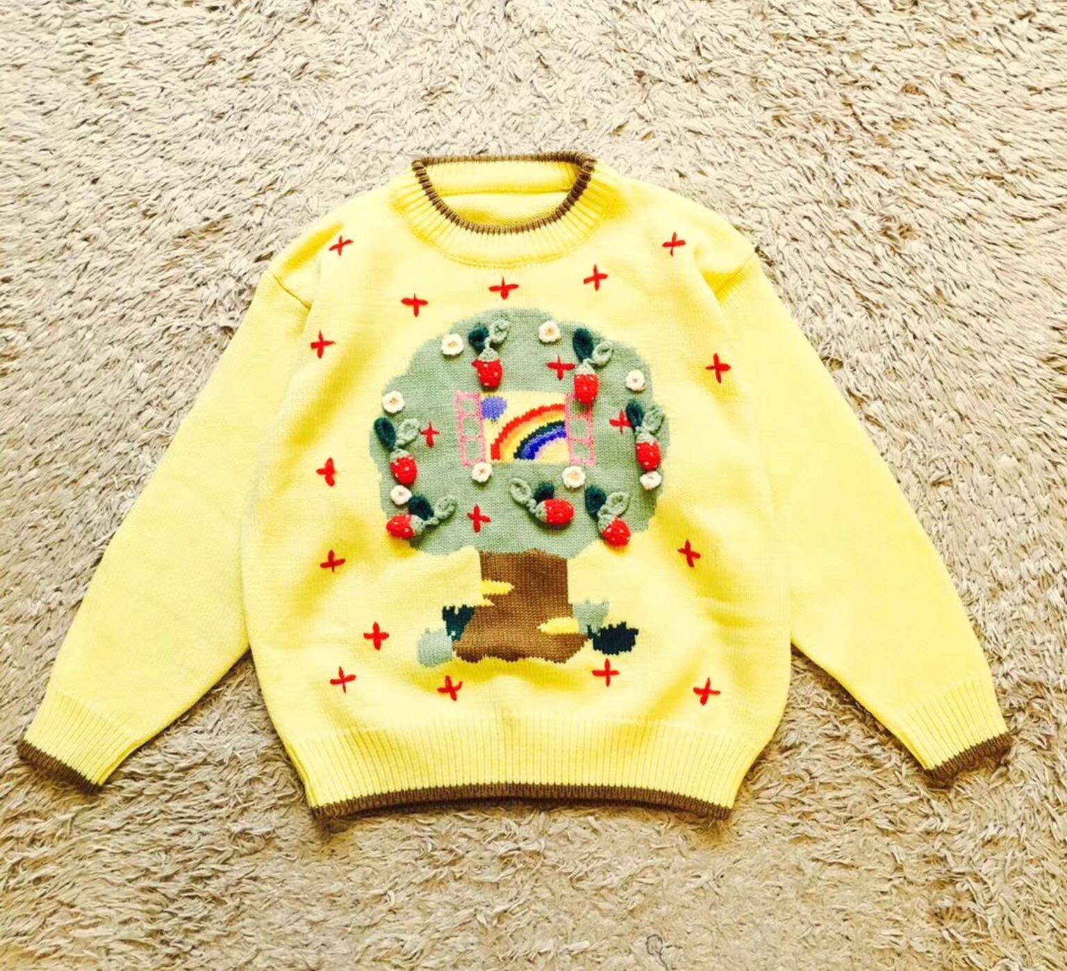 特 趣味重磅嫩黄色立体草莓圣诞树  纯手工孤品古着毛衣（小款）