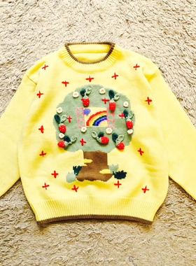 特 趣味重磅嫩黄色立体草莓圣诞树  纯手工孤品古着毛衣（小款）