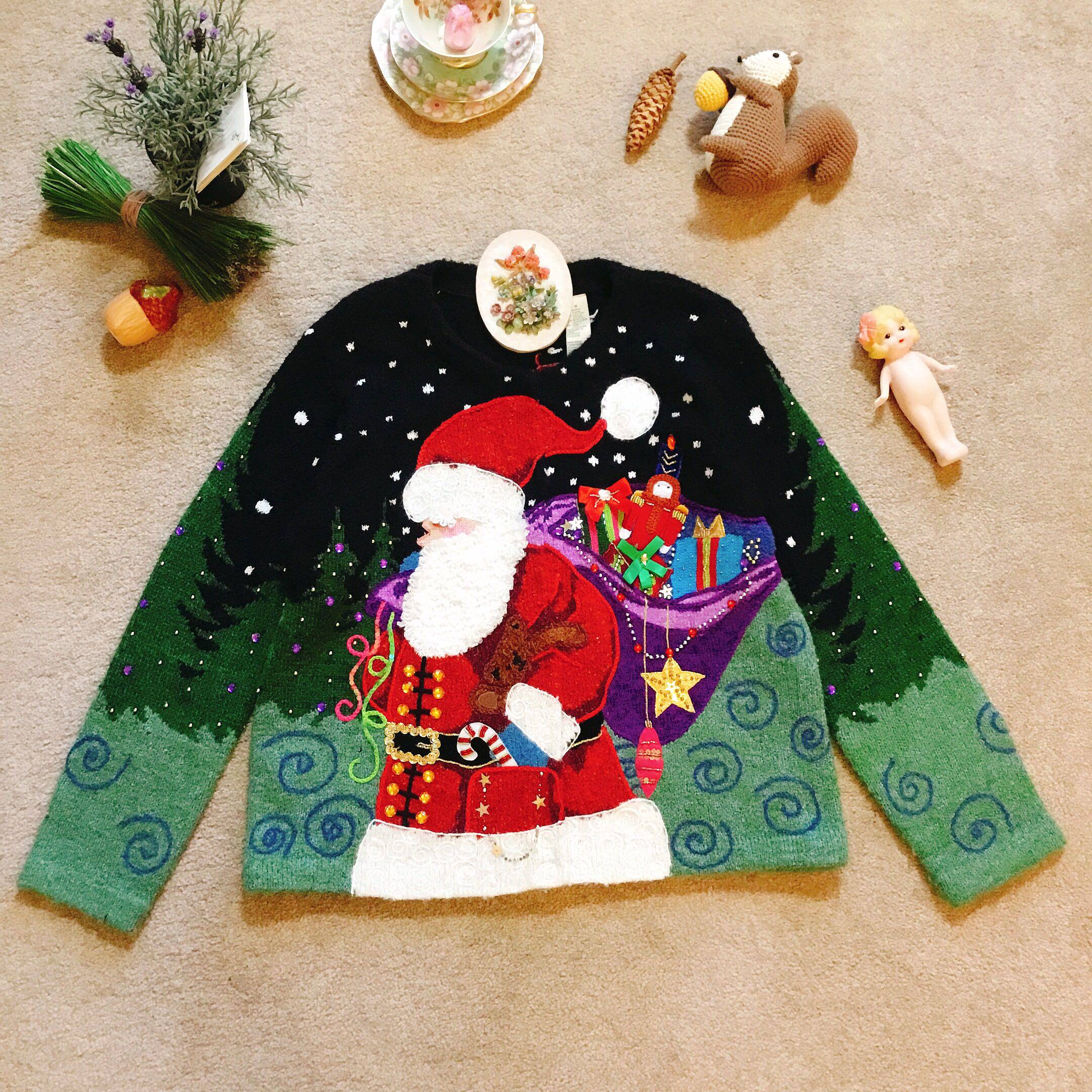 美国购回精品 趣味重磅立体精致闪闪圣诞老人 纯手工vintage毛衣