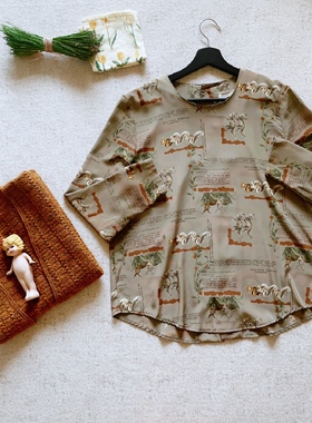 日本森系灰绿色可爱小松鼠小兔子vintage衬衫