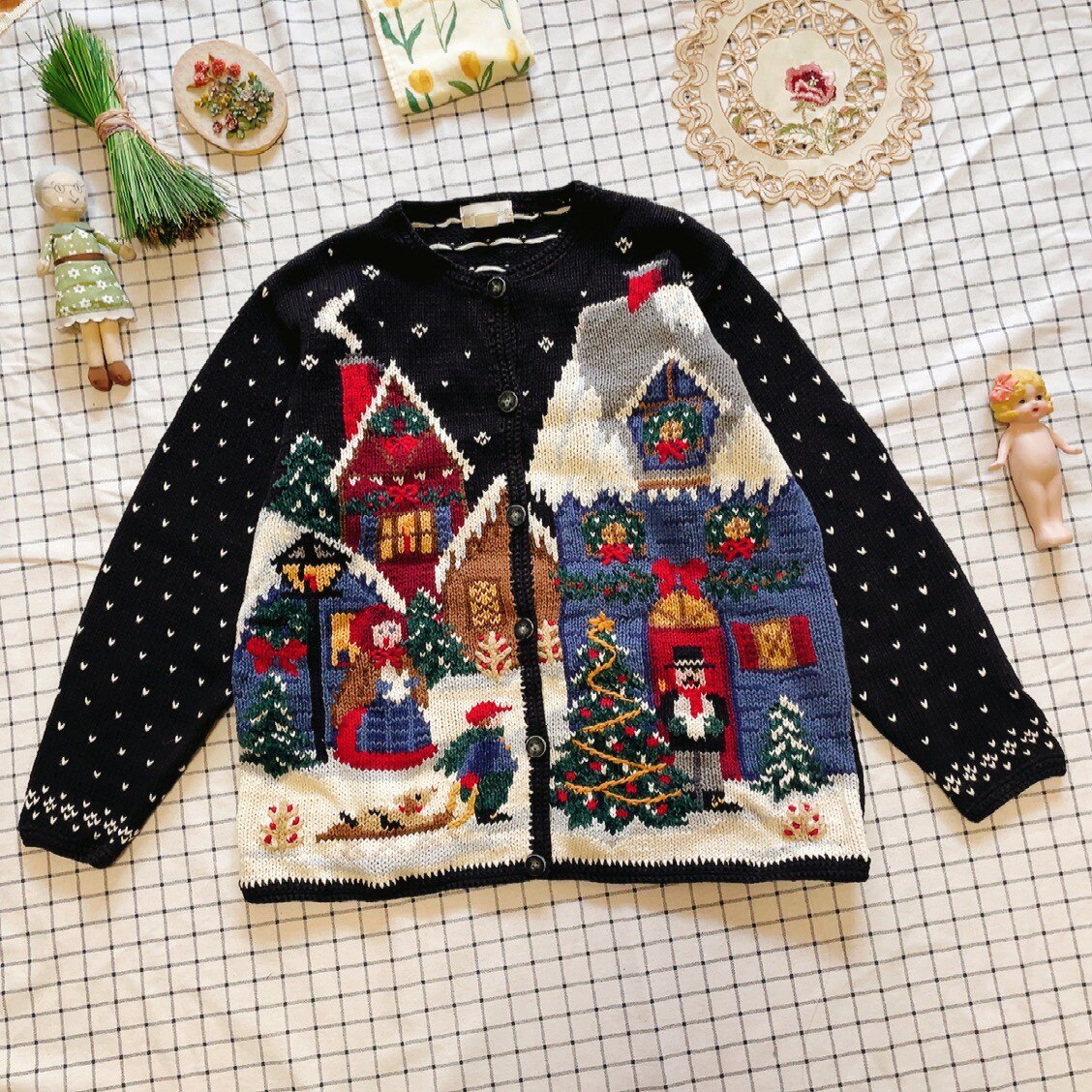 美国购回精品vintage油画圣诞雪景手工毛衣