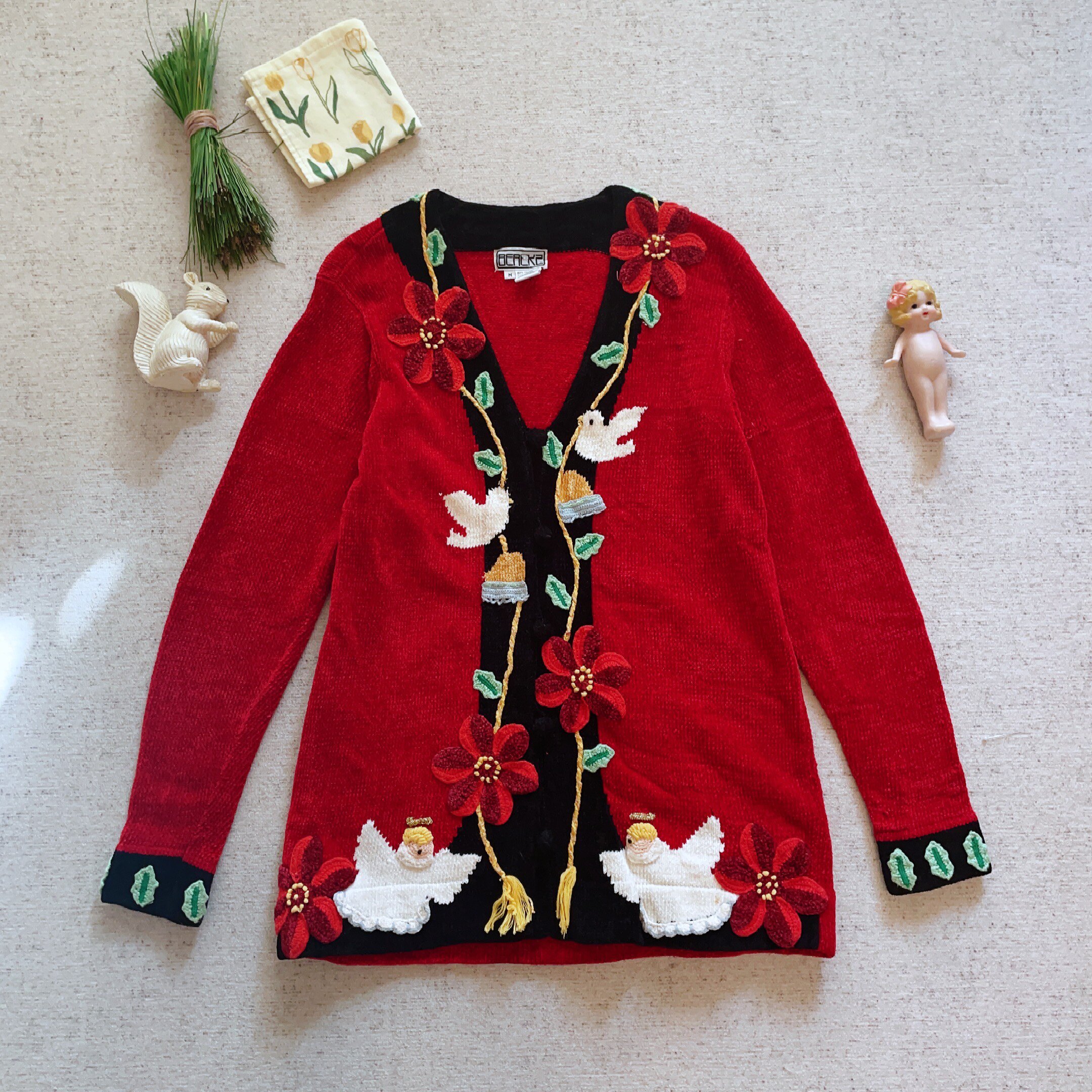 美国购回大红色圣诞花鸽子小天使纯手工vintage孤品毛衣