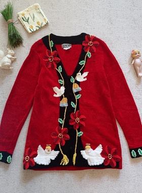 美国购回大红色圣诞花鸽子小天使纯手工vintage孤品毛衣