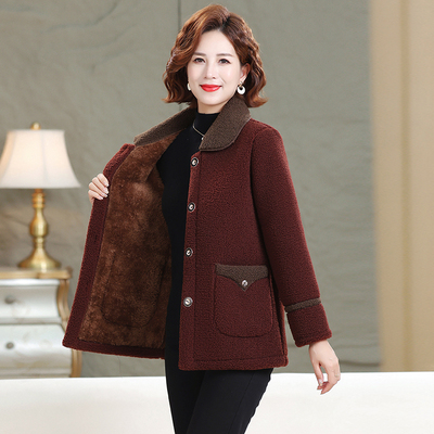 新款妈妈秋冬颗粒绒外套阔太太加绒大衣中老年女冬装羊羔毛绒上衣